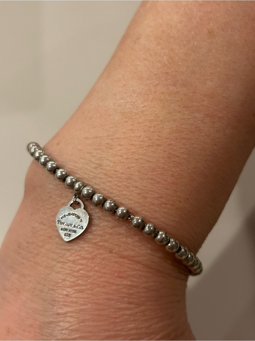 #Tiffany&Co Sterling Silver Mini-Bead Bracelet with Heart Tag